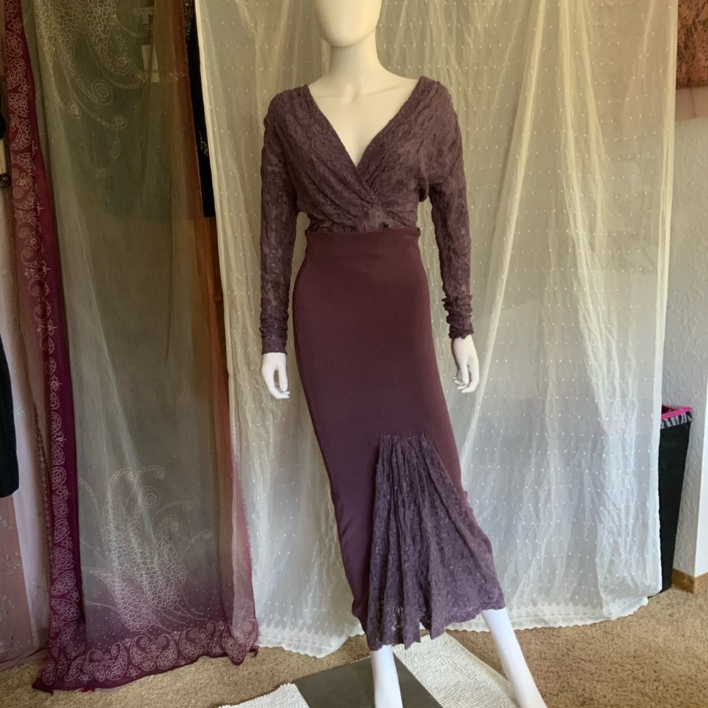 Purple lace leotard 2 pc skirt set plumb amethyst